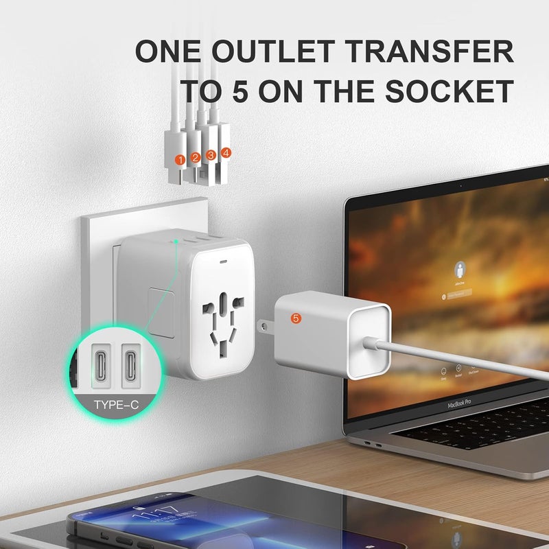 VYLEE Universal International Power Travel Plug Adapter, 5 in 1 European Travel Plug Adapter W/ 3.5A 2xUSB-A and 2xUSB C Wall Charger and Worldwide AC Outlet for Europe USA UK AUS Asia - Image 2
